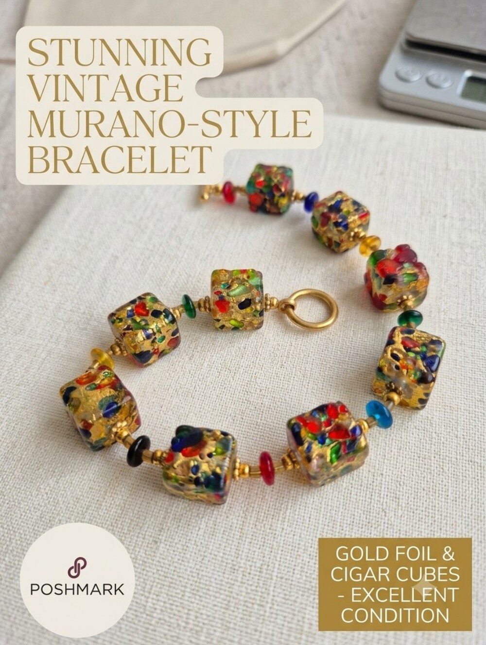 🌙Vintage Murano Style Gold Foil Art Glass Cube Bead Toggle Bracelet Multicolor